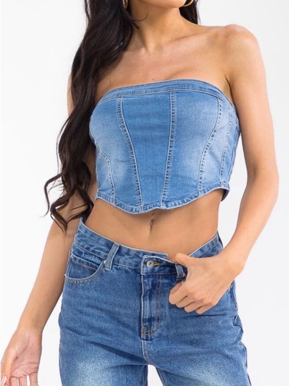 Love Tree Blue Denim Strapless Corset Crop Top